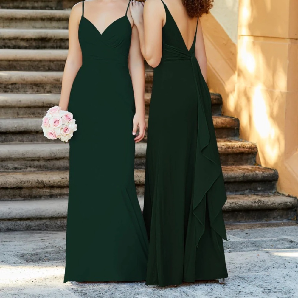 Christina Wu velvet hunter green bridesmaid dress. Low back fit and flare